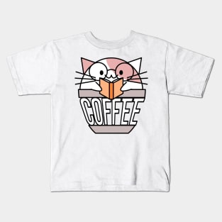 Cat in coffee cup with warped text reading book wearing glasses white and pink Kids T-Shirt